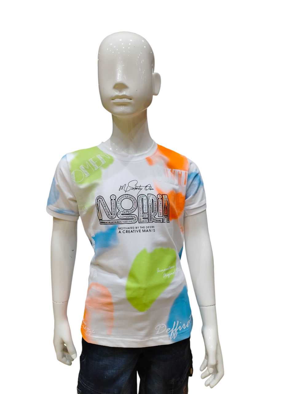 Boys White Half Sleeve Round Neck Fancy Printed T-Shirt