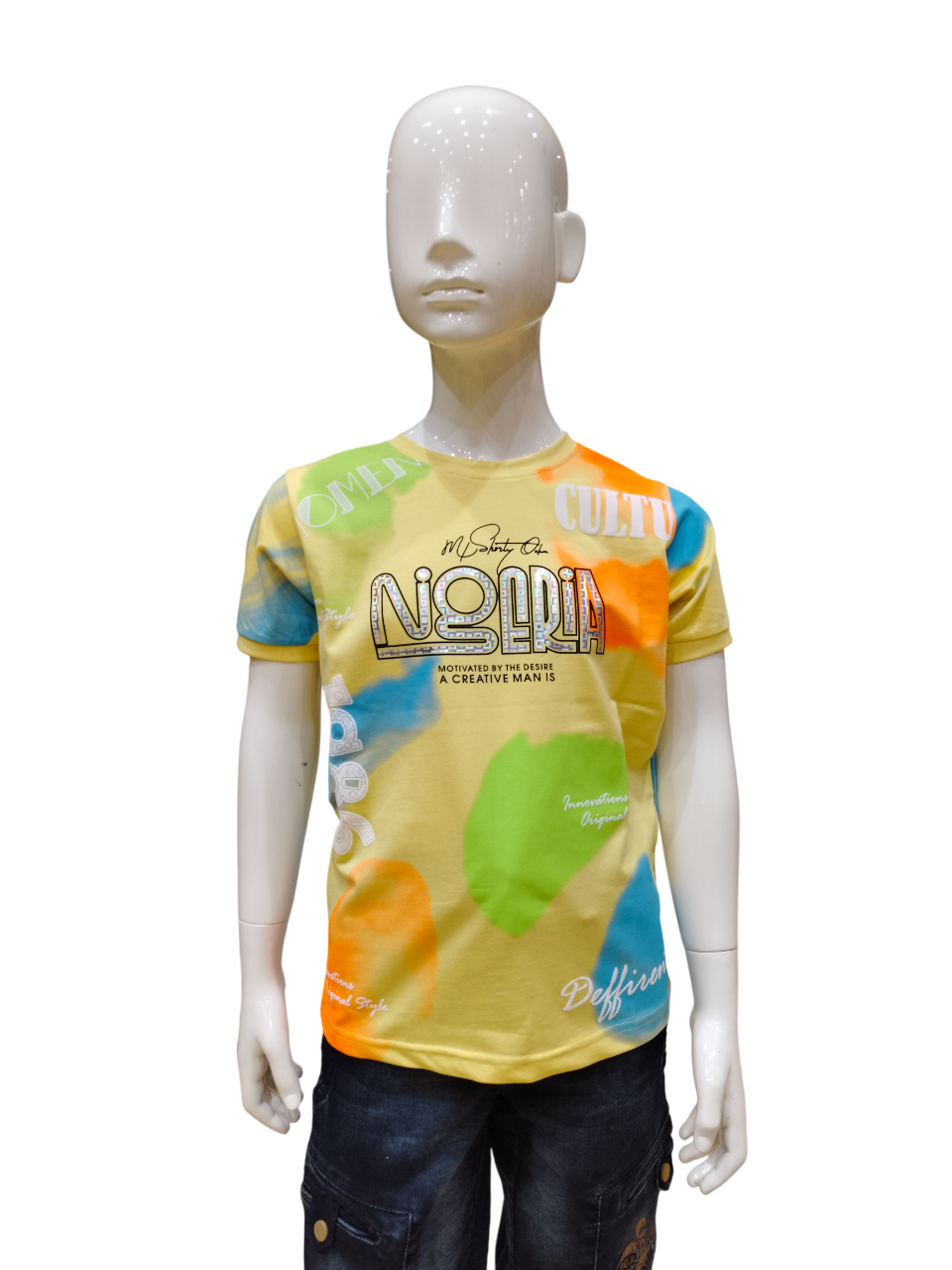 Boys Yellow Half Sleeve Round Neck Fancy Printed T-Shirt