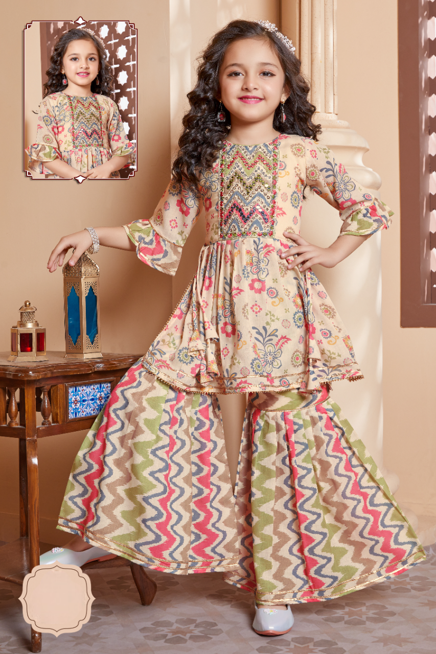 Girls Cream Embroidery Printed Party Wear Fancy Sharara/Gharara Suit