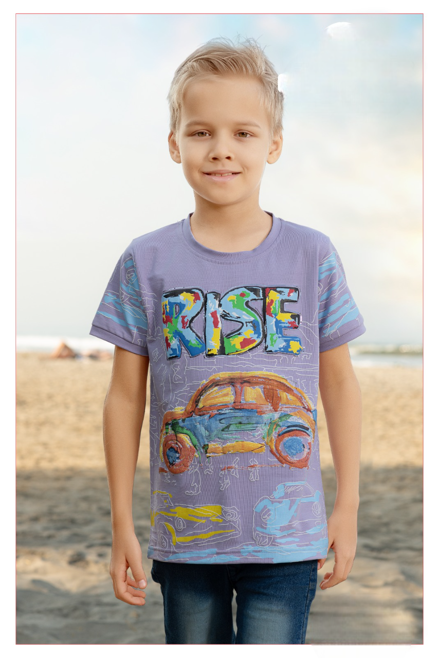 Boys Lilac Round Neck Half Sleeve Fancy Printed T-Shirt