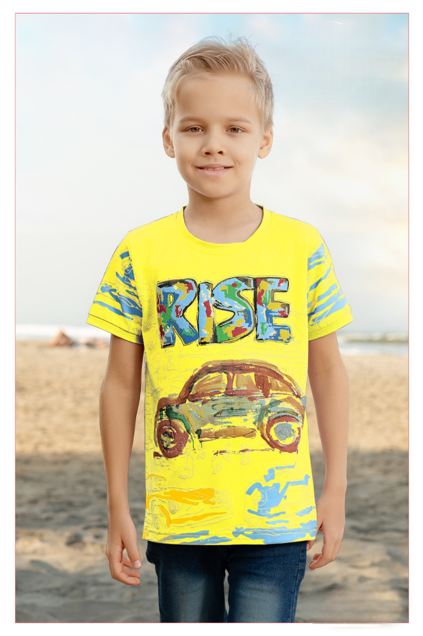 Boys Yellow Round Neck Half Sleeve Fancy Printed T-Shirt