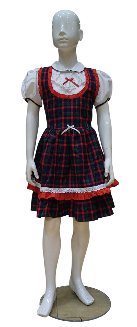 Girls Red Checked Fancy Cotton Frock