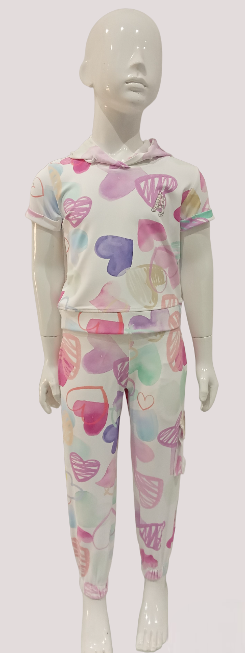 Girls Pink Printed Hooded Stylish Half Sleeve Short Top And Bottom Cord Set