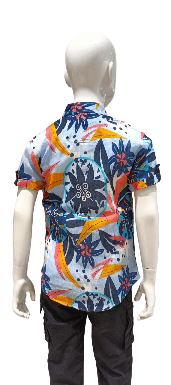 Boys Blue Printed Fancy Full Sleeve Shirt With Fancy White T-Shirt