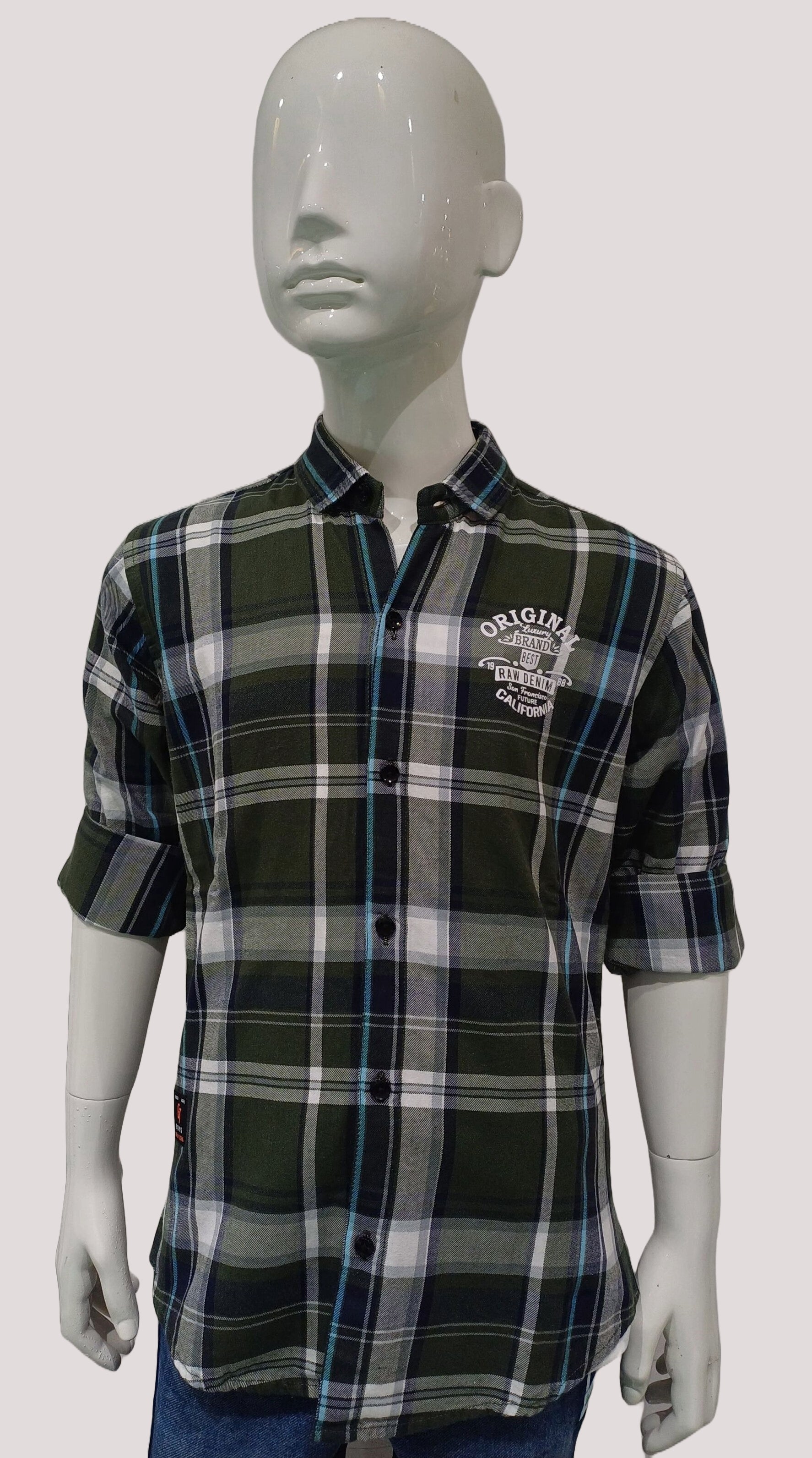 Boys Olive Check Fancy Full Sleeve Shirt With White Printed T-shirt