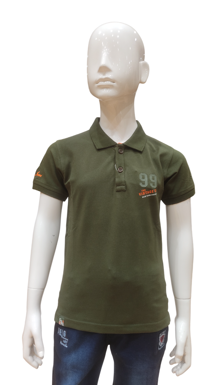 Boys Olive Plain Half Sleeve Fancy T-Shirt