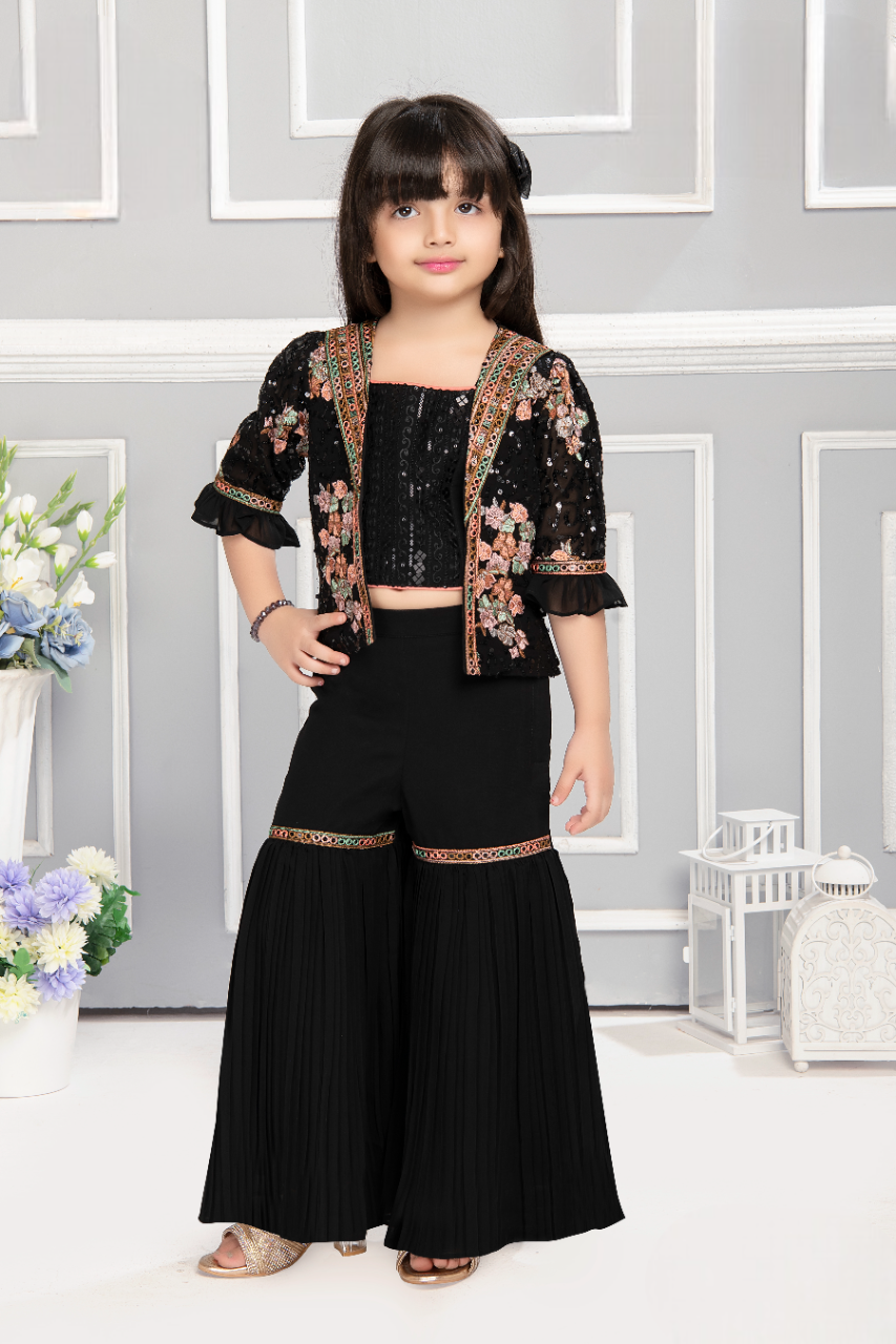 Girls Black Trendy 3 Piece Sharara Suit