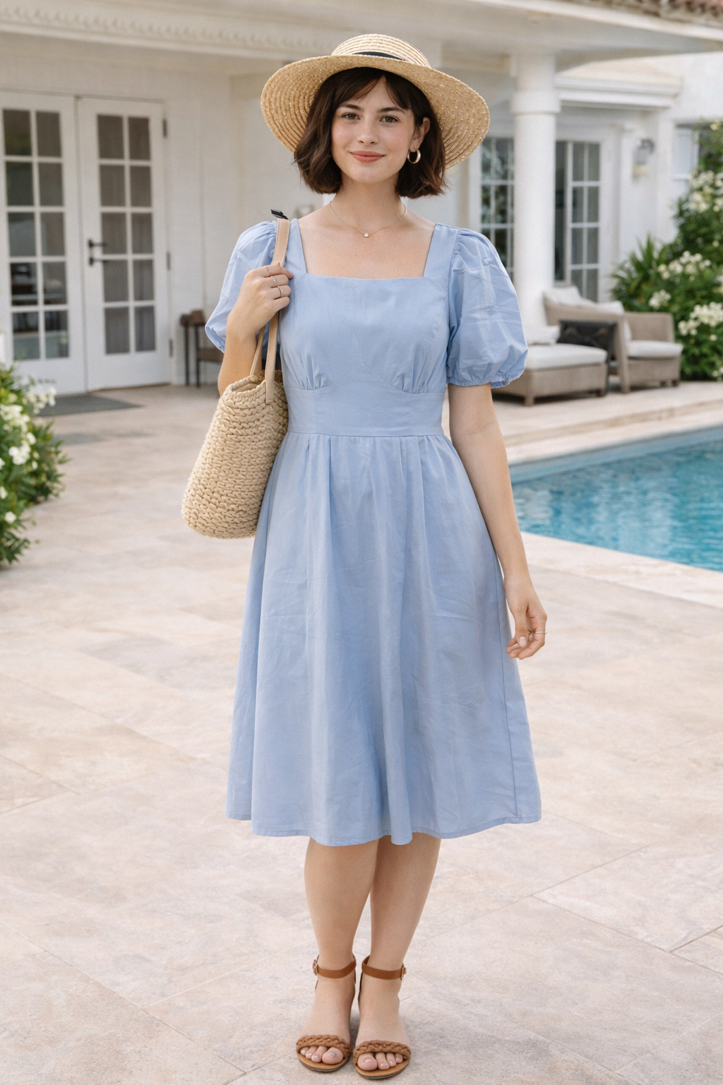 light blue dress with puff sleeves Women's Square Neck Sleeve Fit & Flare Midi – Half Ticket prom dress] SIZE:UK 4 Black Dresser with White