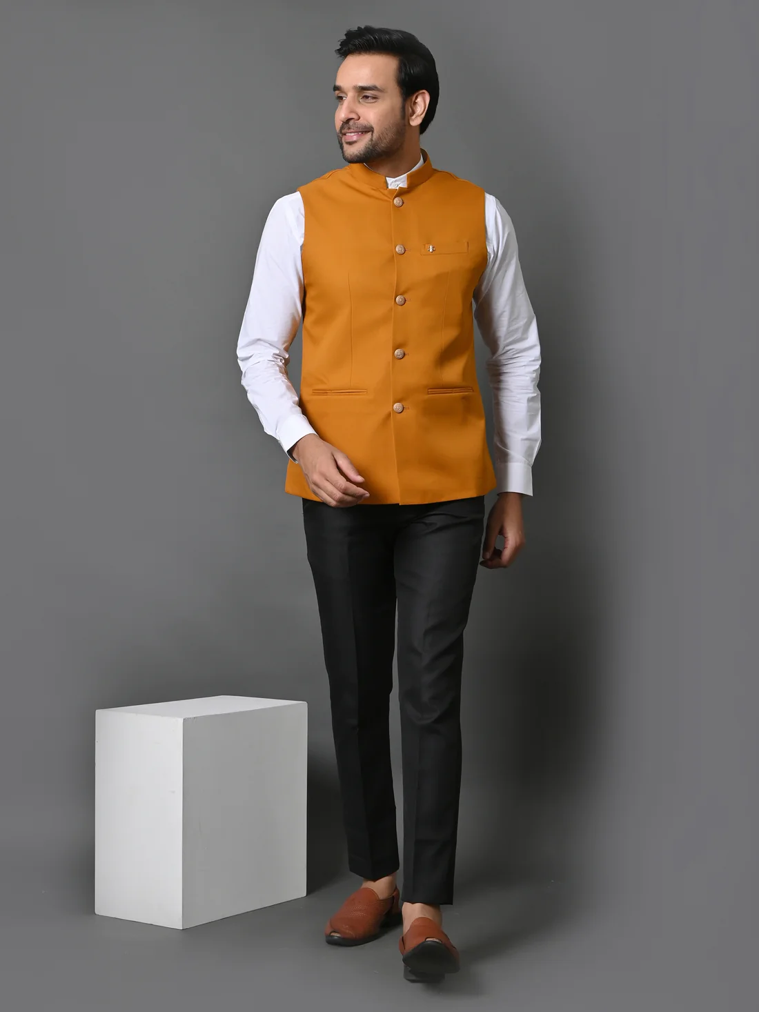 Mens Solid Mustard Nehru Jacket