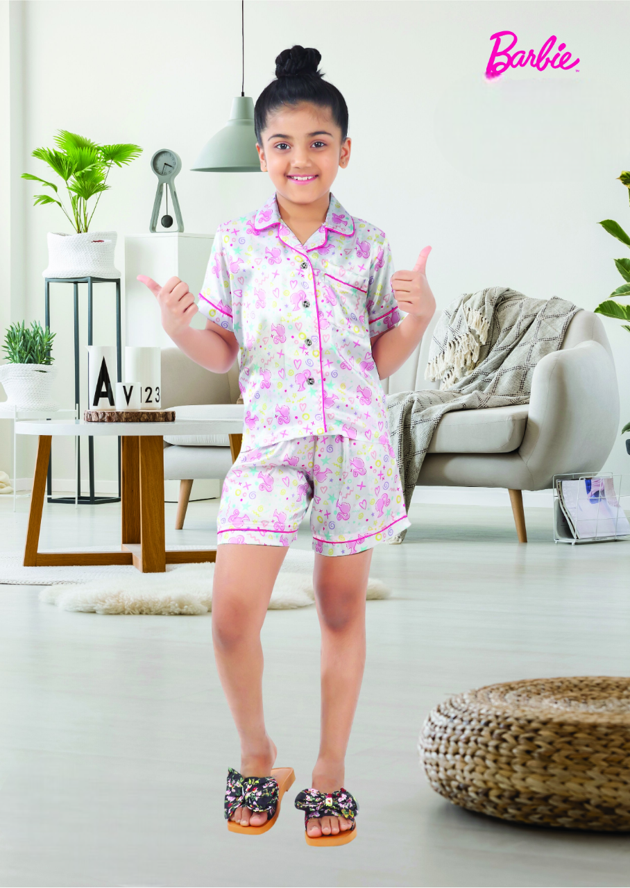 Girls Off White Printed Front Open Fancy Top With Shorts Night Suit