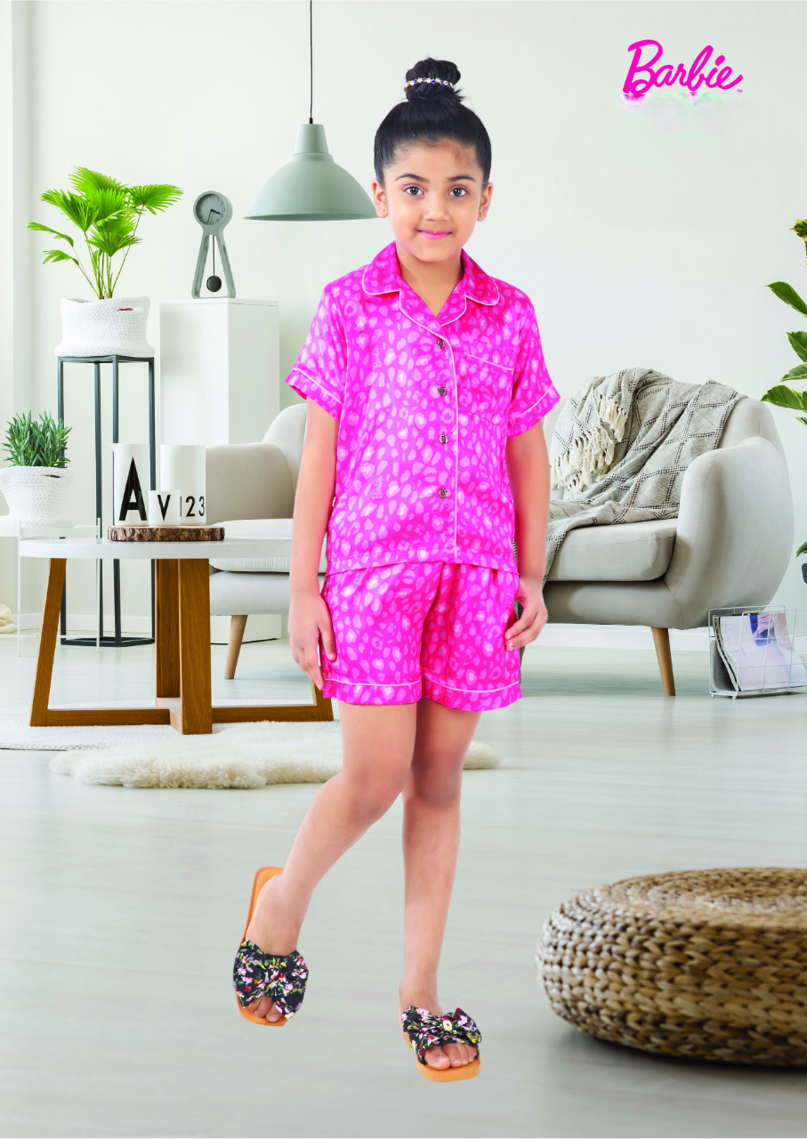 Girls Pink Printed Front Open Fancy Top With Shorts Night Suit