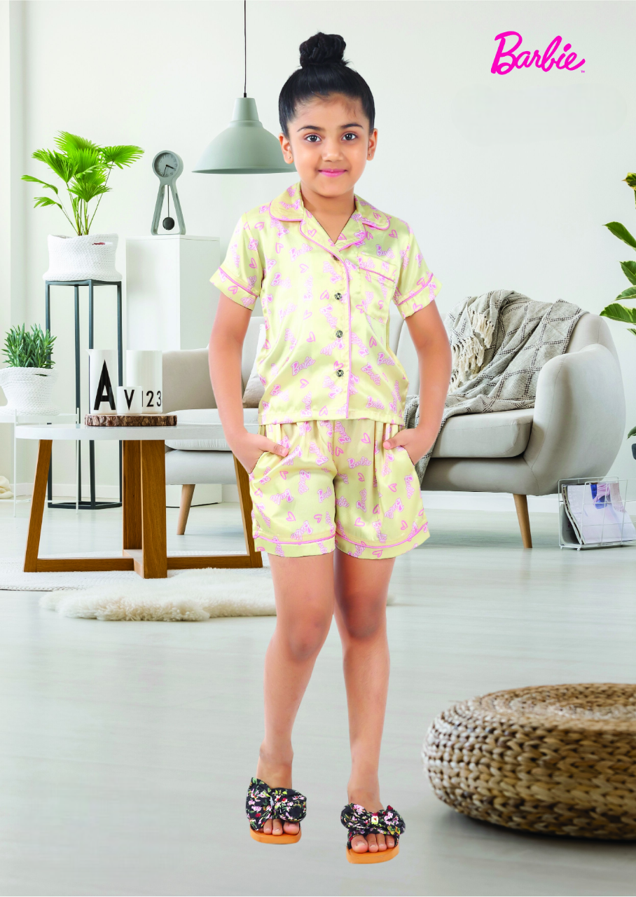 Girls Yellow Printed Front Open Fancy Top With Shorts Night Suit