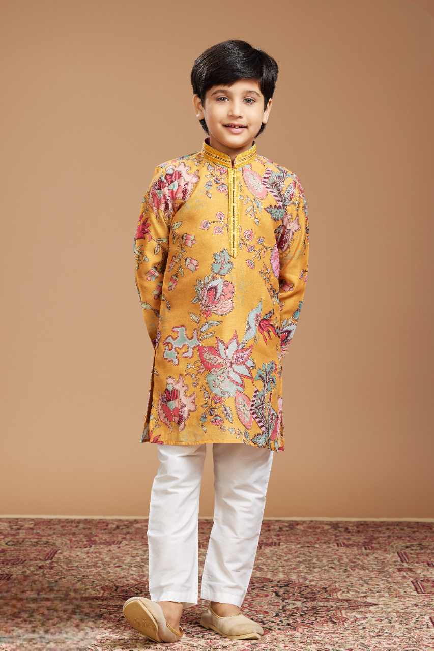 Boys Gold Traditional Printed Fancy  Kurta Suit
