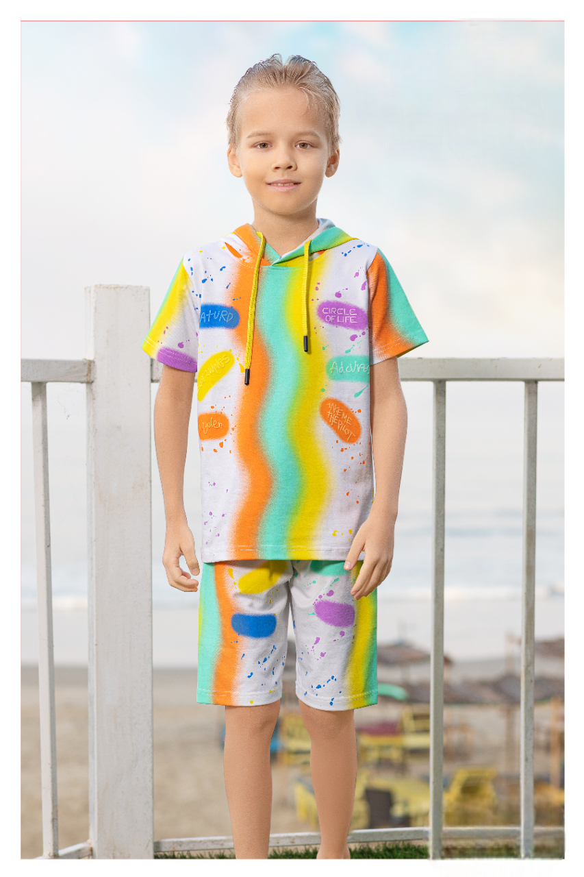 Boys Orange Half Sleeve Fancy Multi Printed T-Shirt With Shorts Co-Ordinates Set