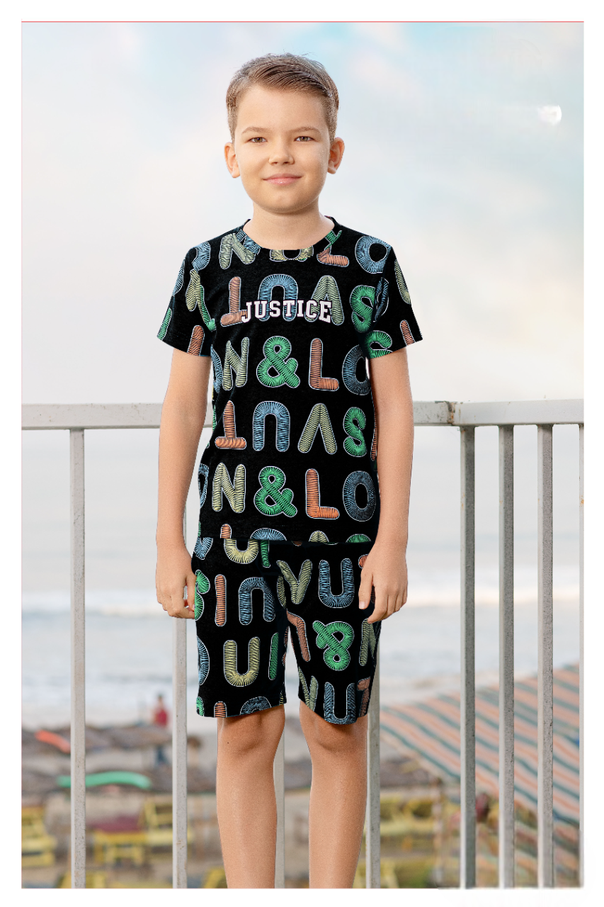 Boys Black Half Sleeve Fancy Printed T-Shirt With Shorts Co-Ordinates Set
