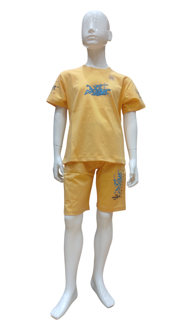 Boys Mustard Fancy Printed T-Shirt With Shorts Co-Ordinates set