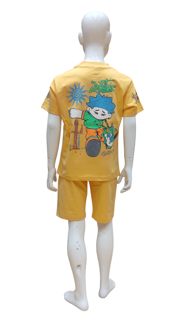 Boys Mustard Fancy Printed T-Shirt With Shorts Co-Ordinates set