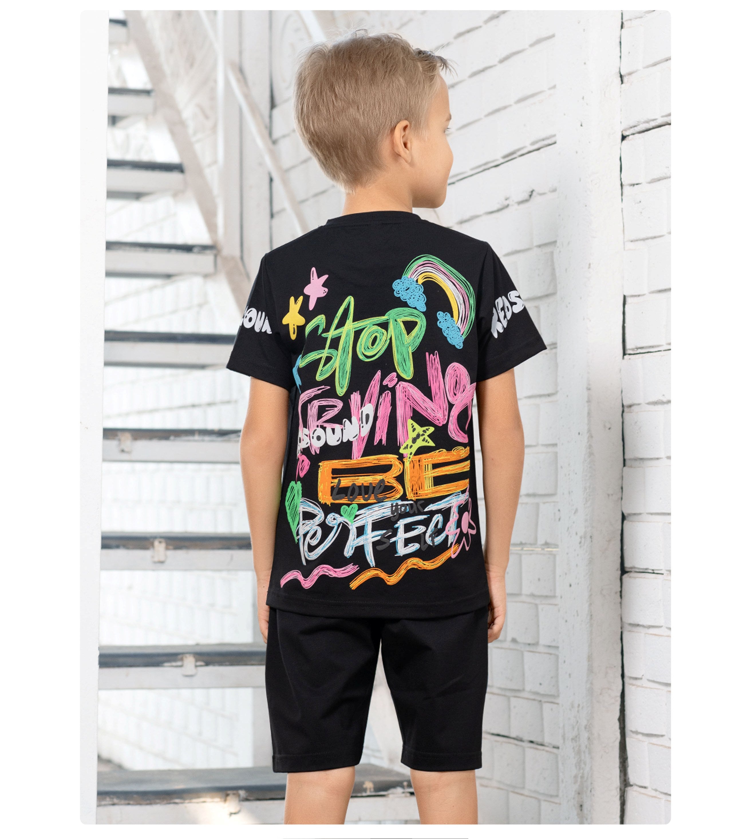 Boys Black Half Sleeve Fancy Printed T-Shirt With Shorts Co-Ordinates Set