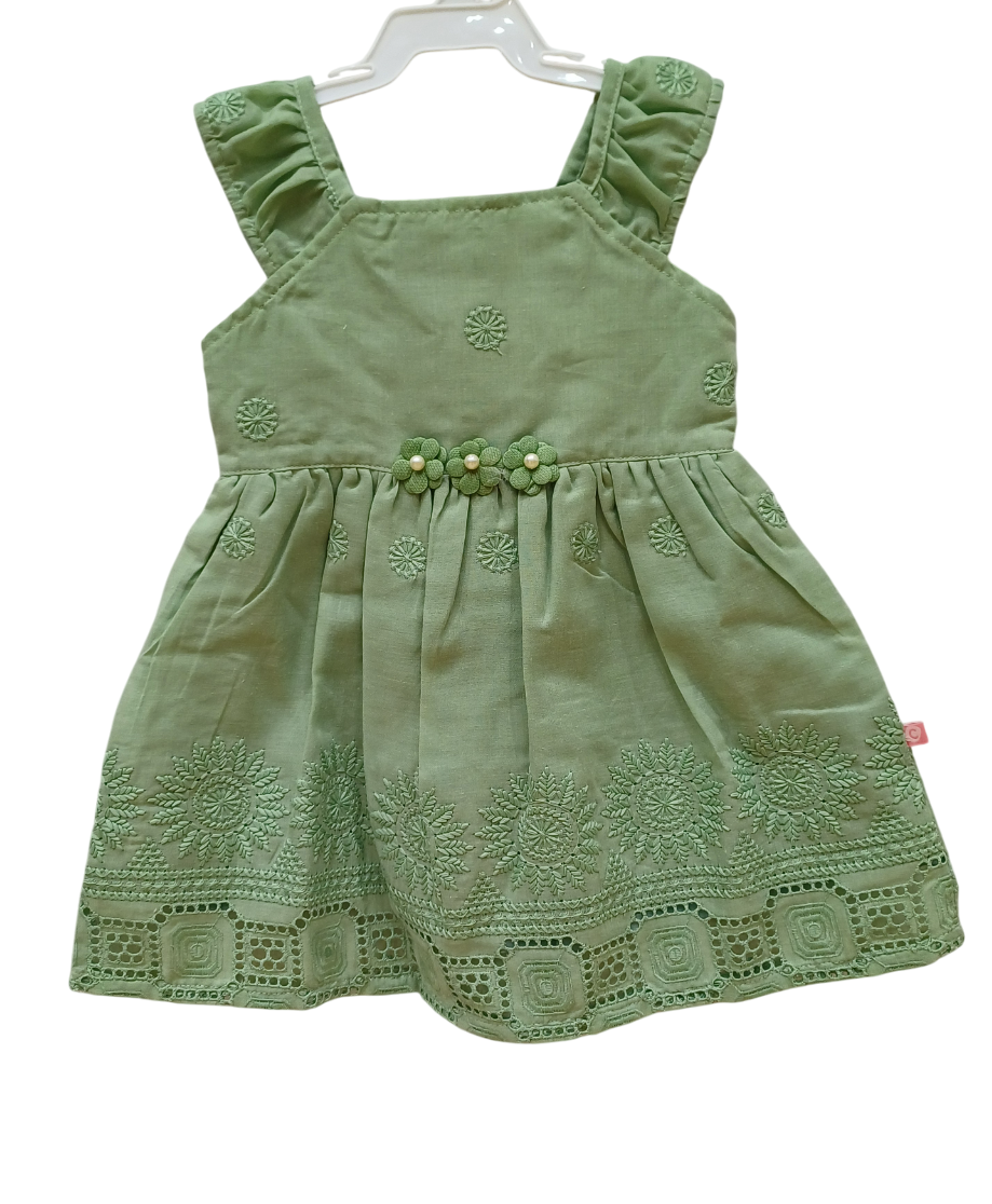 Girls Green Sleeve Less Fancy Cotton Frock