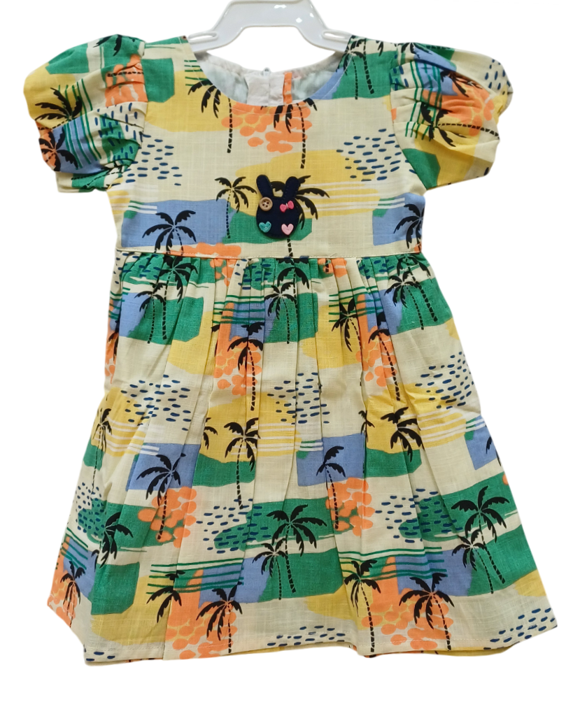 Girls Green Printed Fancy Cotton Frock