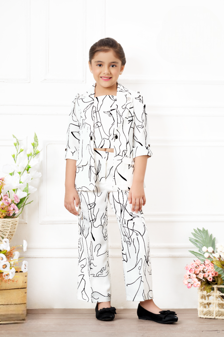 Girls White Printed Fancy Plazo Suit
