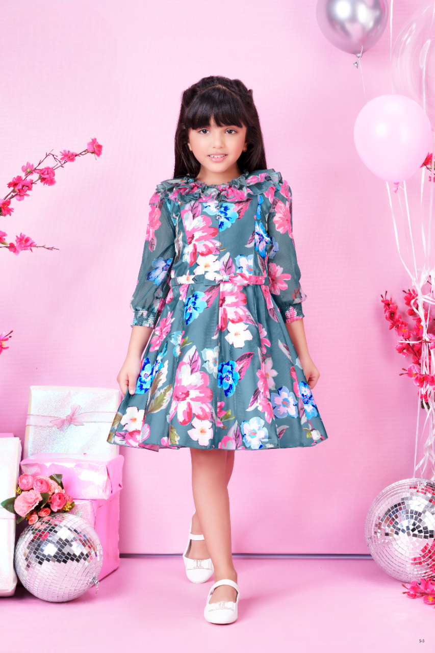 Girls Air Force Blue Floral Printed Fancy Midi