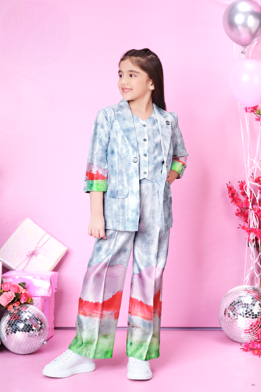Girls Sky Blue Fancy Plazo Suit With Stylish Blazer