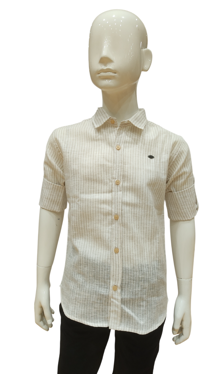 Boys Cream Striped Fancy Full Sleeve Shirt