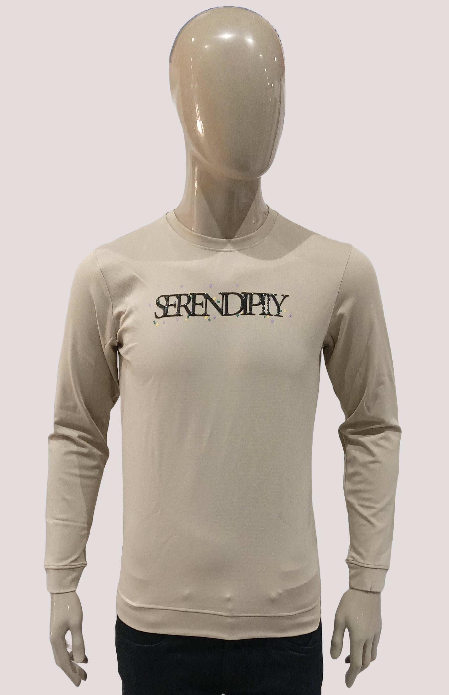 Mens Beige Full Sleeve Round Neck Fancy T-Shirt