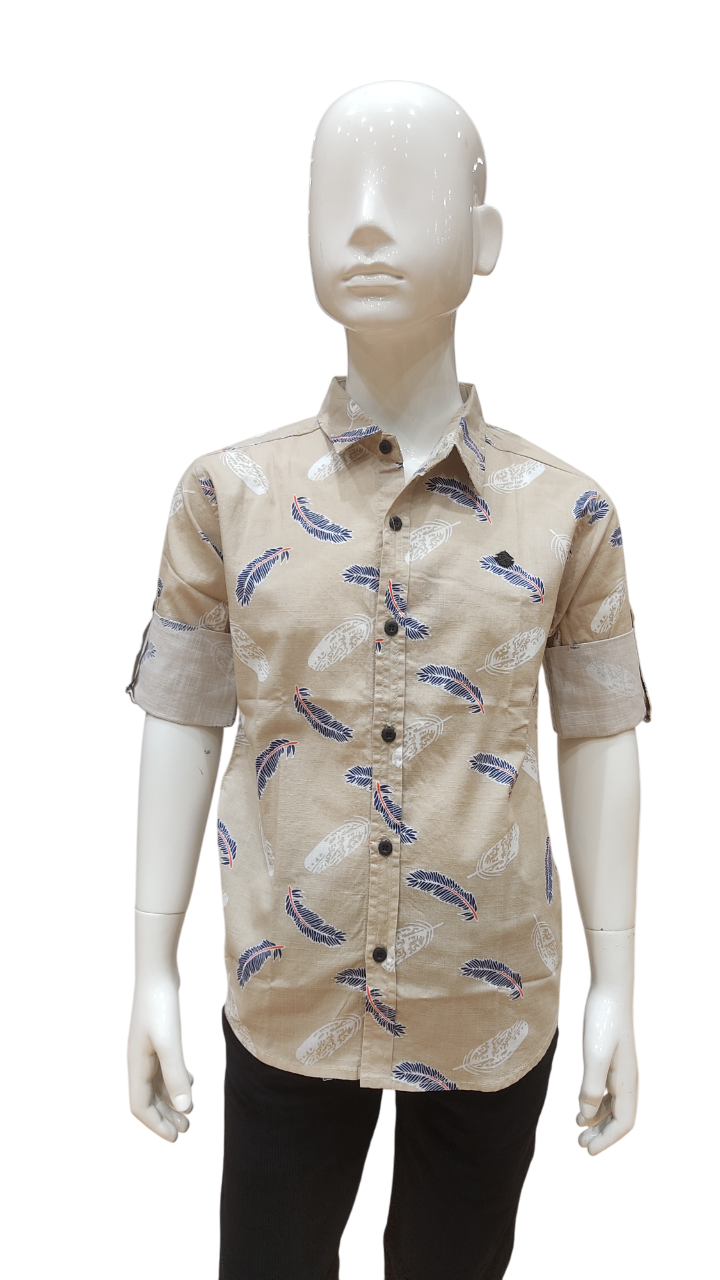 Boys Cream Printed  Fancy Full Sleeve Shirt