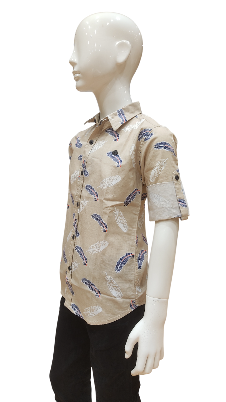 Boys Cream Printed  Fancy Full Sleeve Shirt