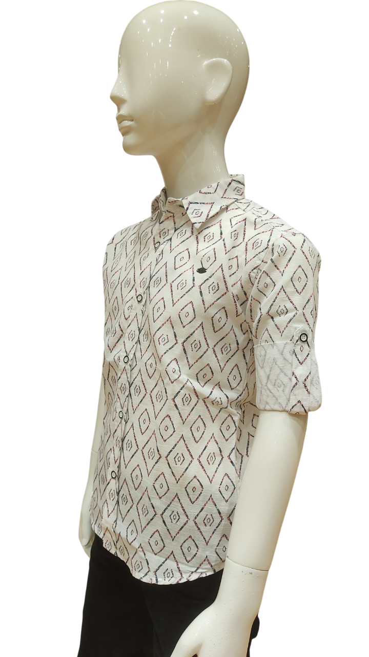 Boys Cream Printed  Fancy Full Sleeve Shirt