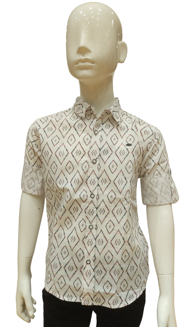 Boys Cream Printed  Fancy Full Sleeve Shirt