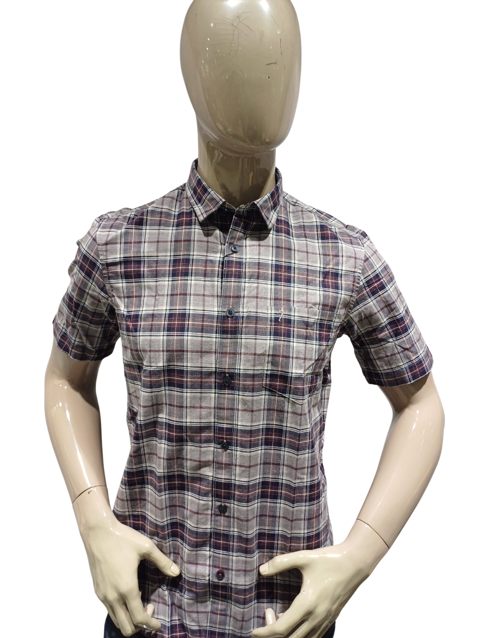 Mens Grey Check Half Sleeve Casual Shirt