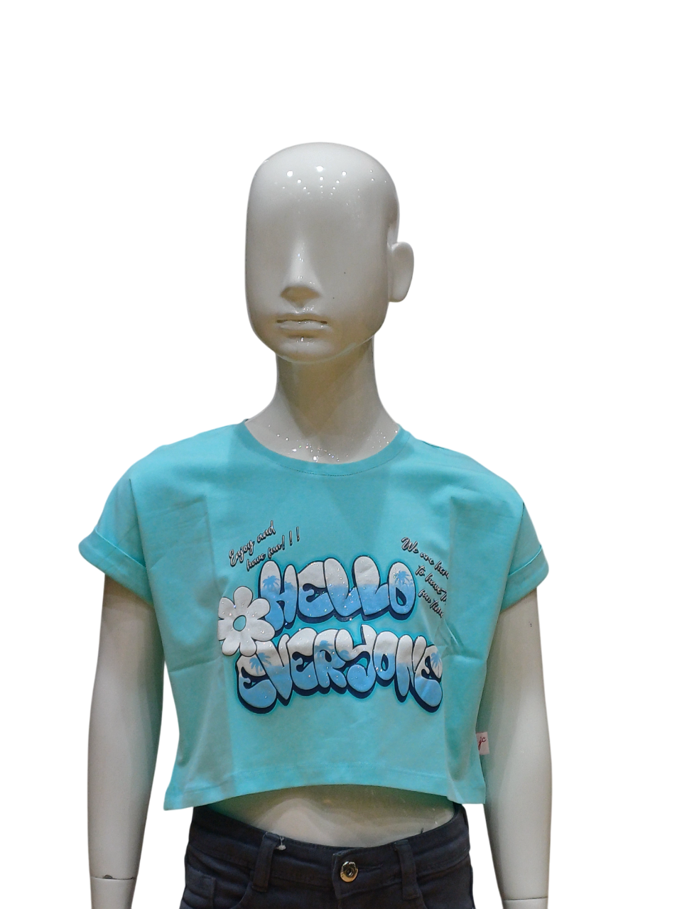 Girls Aqua Blue Fancy Printed Crop Top