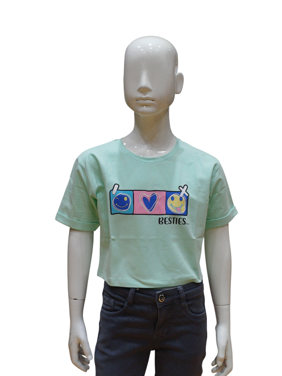 Girls Pista Green Fancy Printed Crop Top
