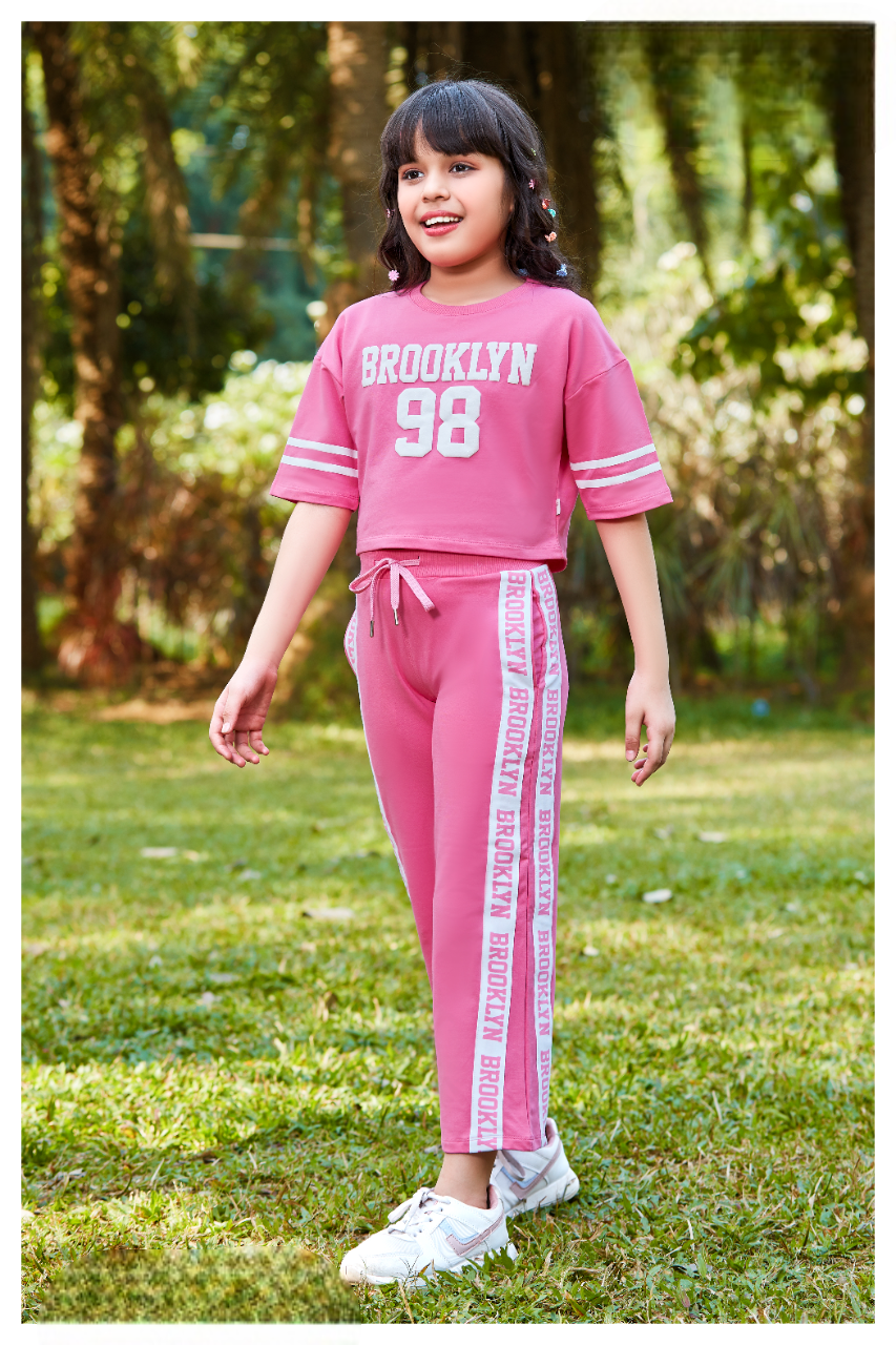 Girls Pink Fancy Crop Top With Bottom Co-Ordinates Set