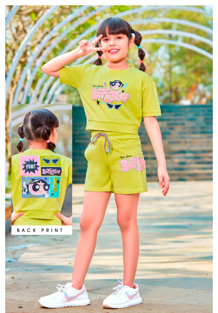 Girls Lime Fancy Printed Crop Top With Shorts Co-Ordinates set
