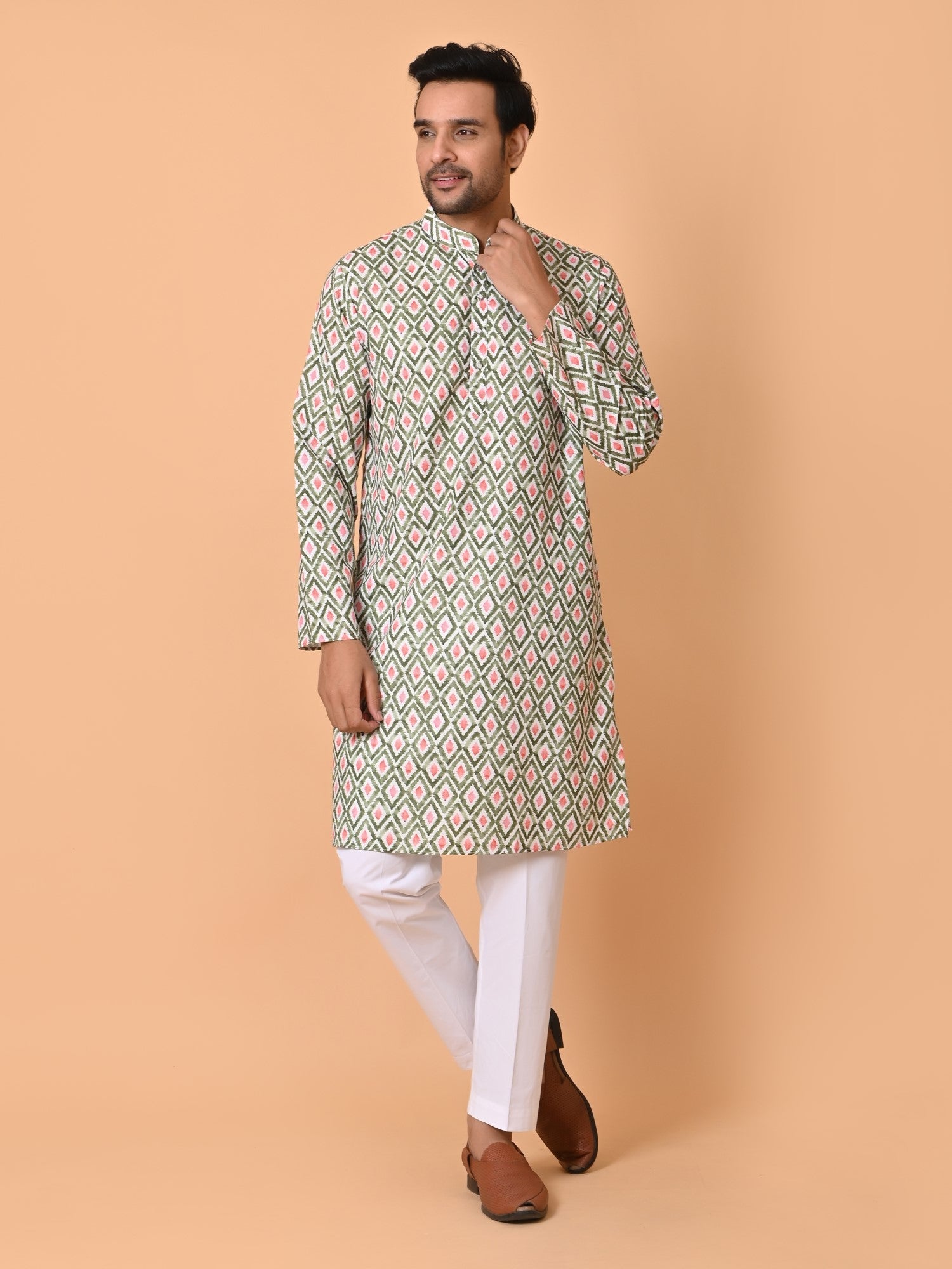 Mens Geometric Green Kurta Set