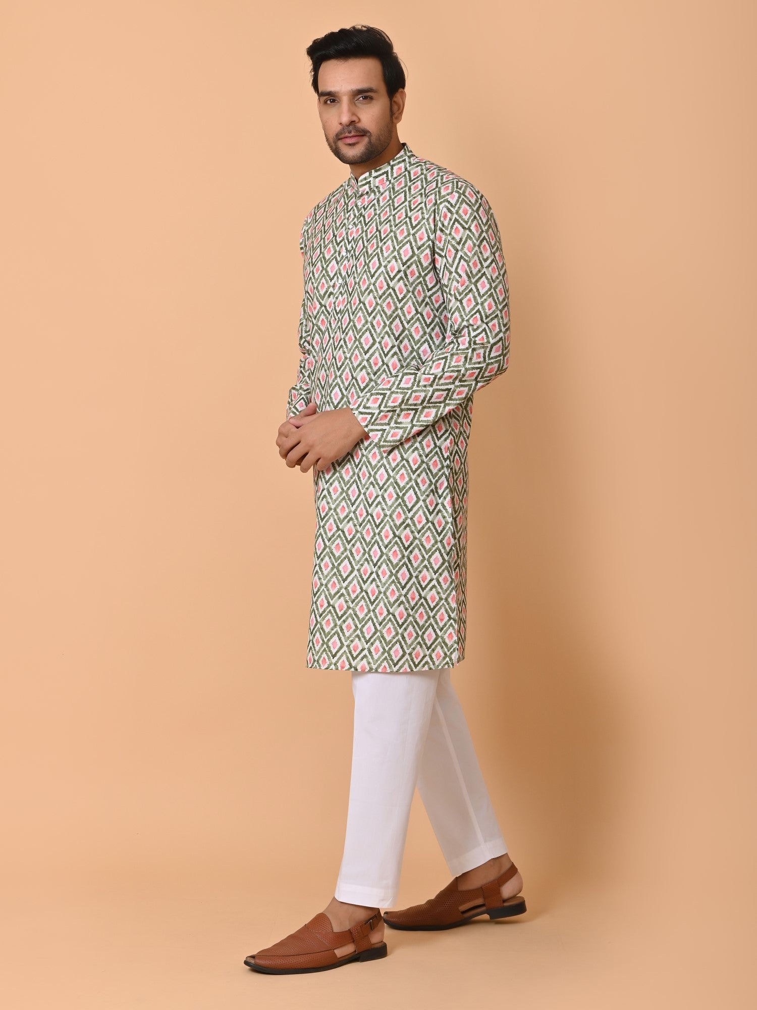 Mens Geometric Green Kurta Set