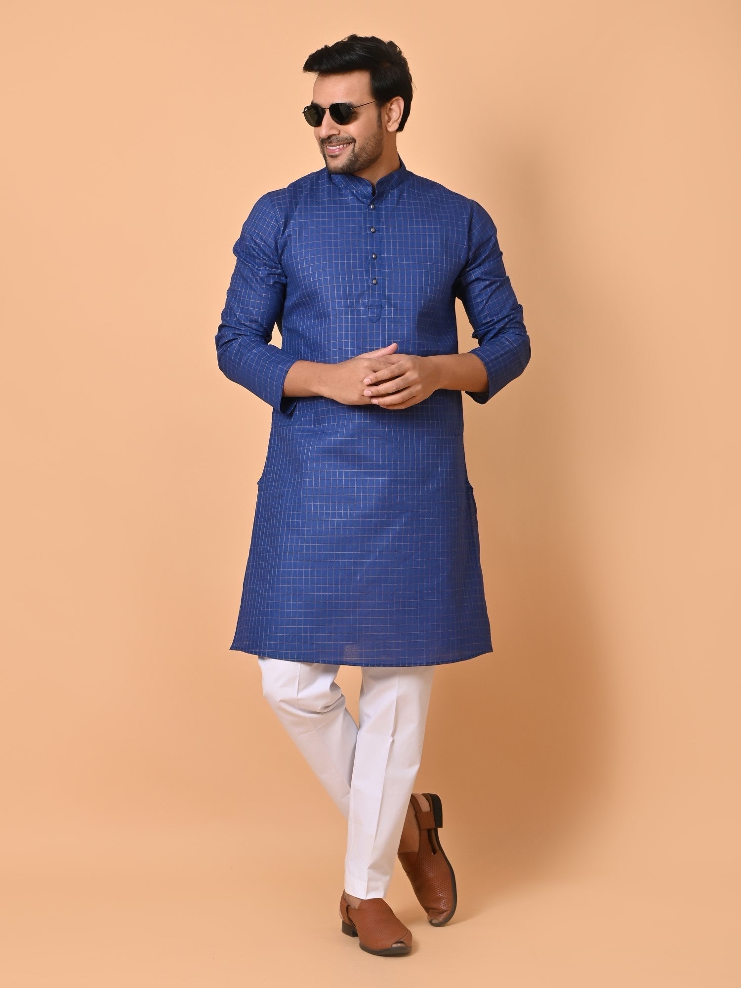 Mens Checked Navy Blue Kurta Set