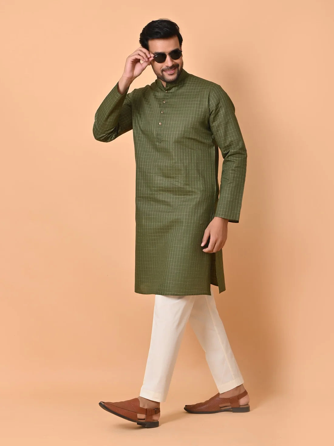 Mens Checked Olive Green Kurta Set