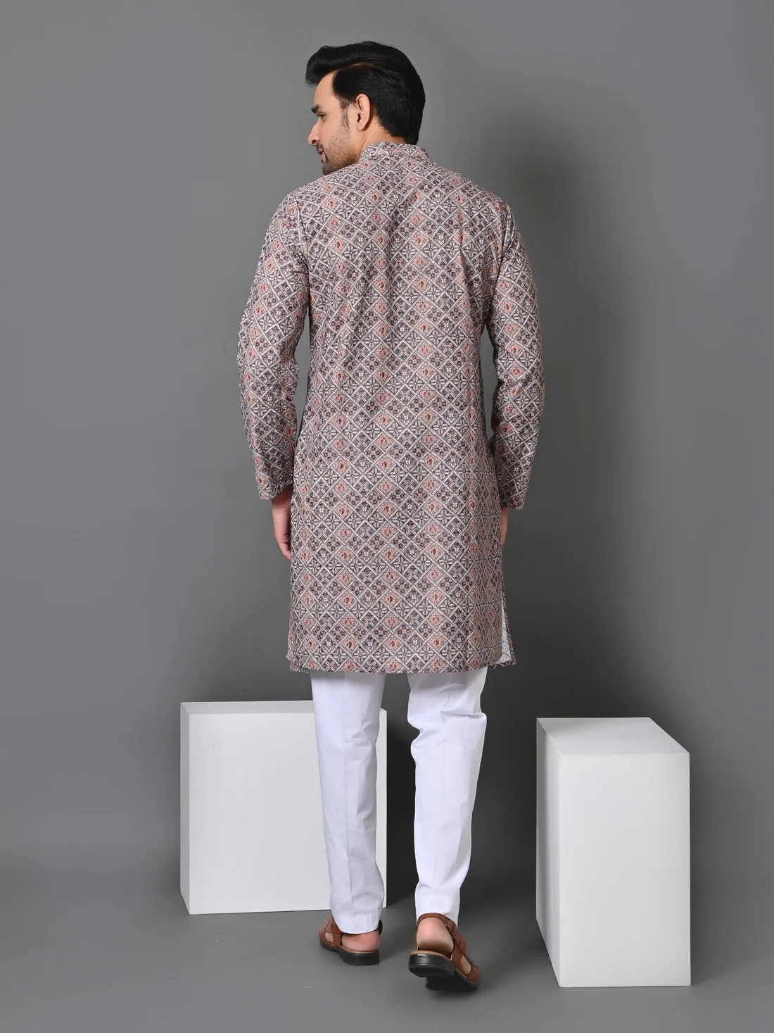 Mens Geometric Grey Kurta Set