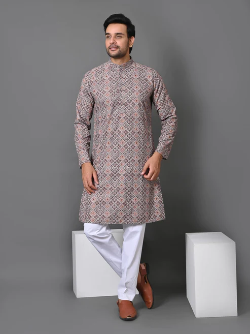 Mens Geometric Grey Kurta Set