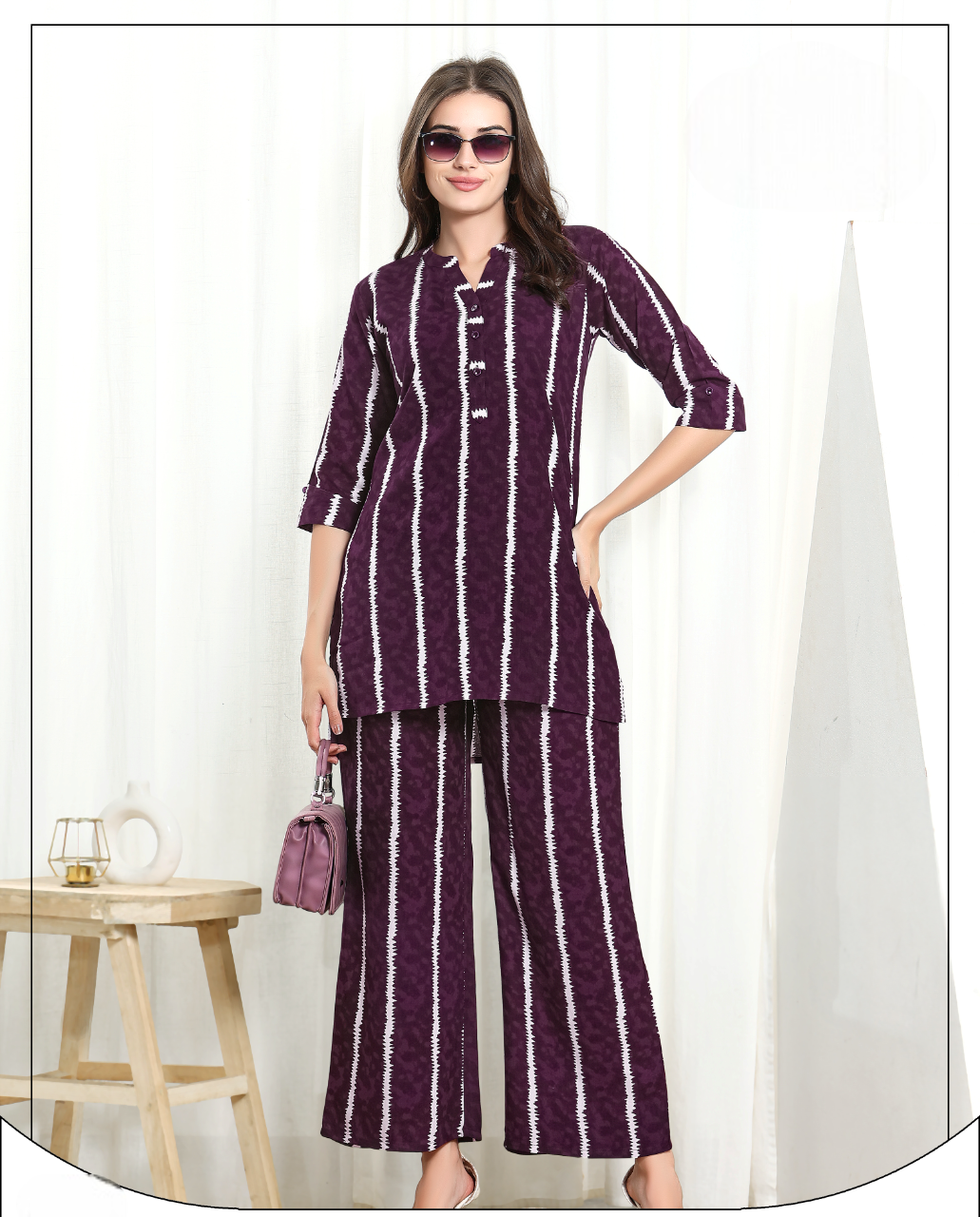 Women's Wine Striped Printed Fancy Co-Ordinates Set