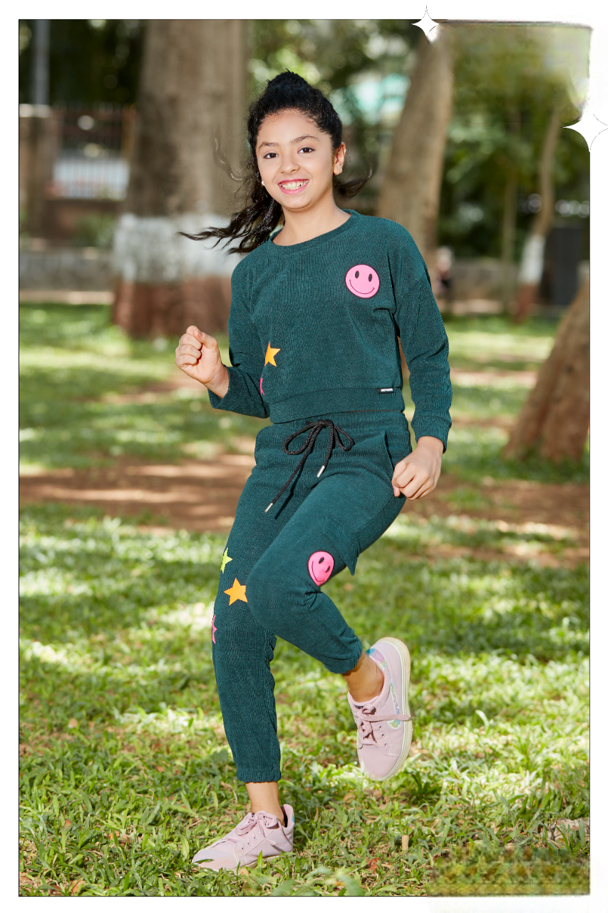 Girls Bottled Green Fancy Printed Crop Top With Long Bottom Co-Ordinates set