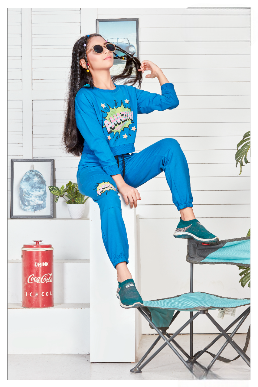 Girls Blue Fancy Printed Crop Top With Long Bottom Co-Ordinates Set