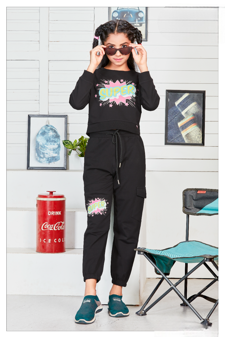 Girls Black Fancy Printed Crop Top With Long Bottom Co-Ordinates Set