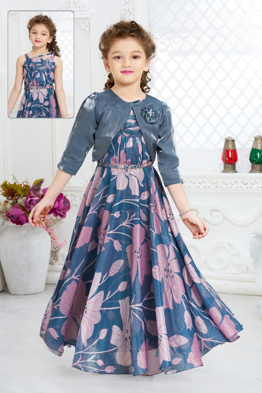 Girls Pink Floral Fancy Long Midi With Fancy Short Jacket