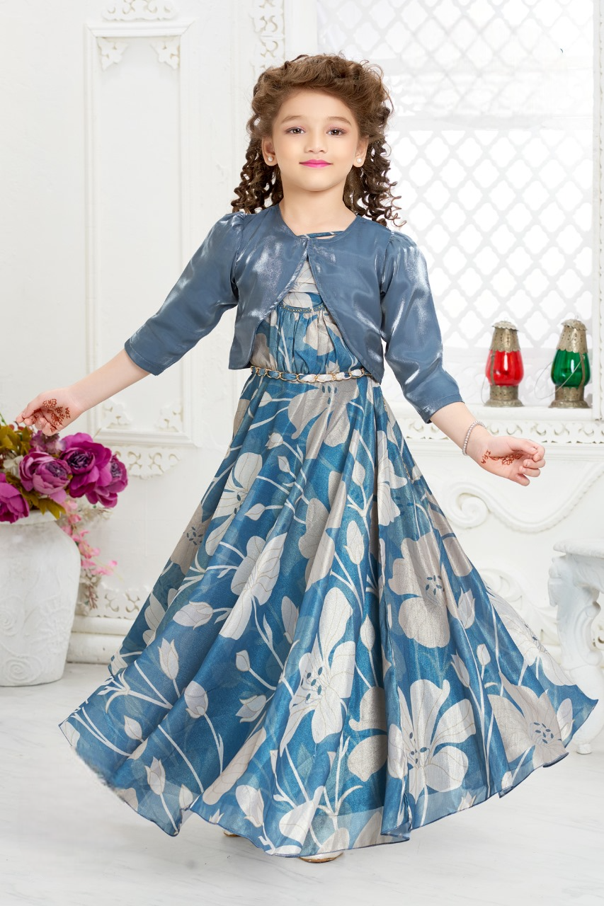 Girls Grey Floral Fancy Long Midi With Fancy Short Jacket